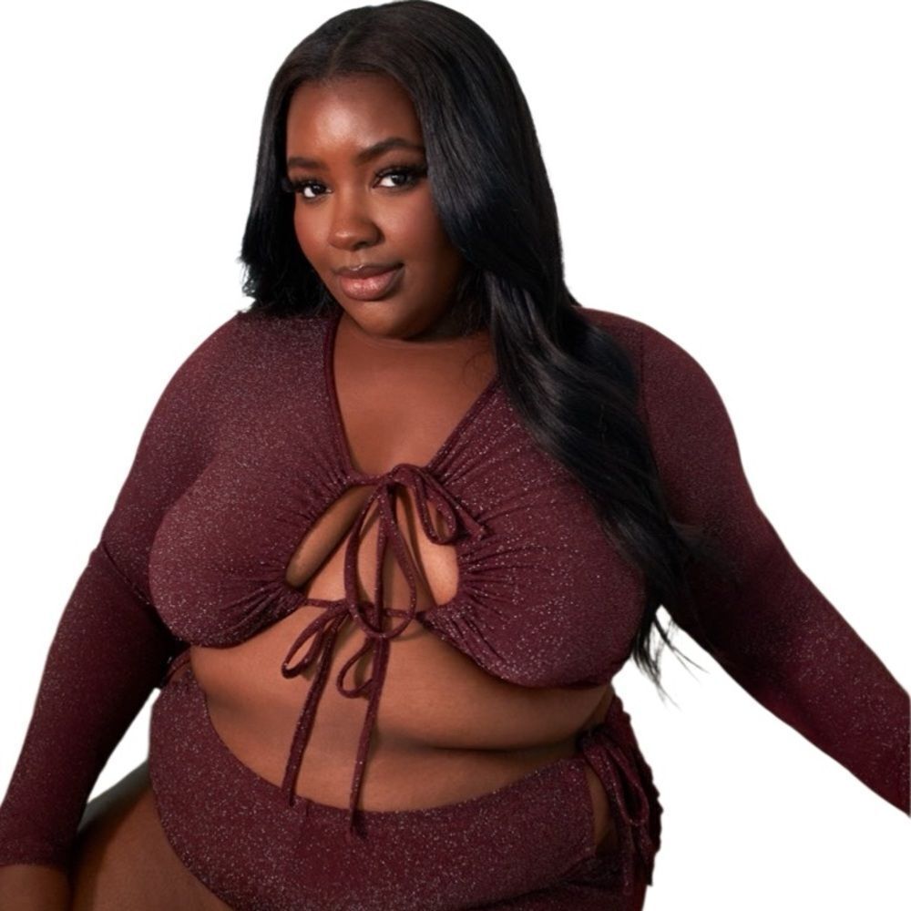 Savage X FENTY SLEEP & SHINE LONG-SLEEVE CROP TEE Tie-Front Top Size 1X